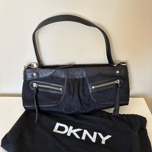 DKNY Y2K Vintage Black Leather Shoulder Bag with Silver Accents & Dust Bag